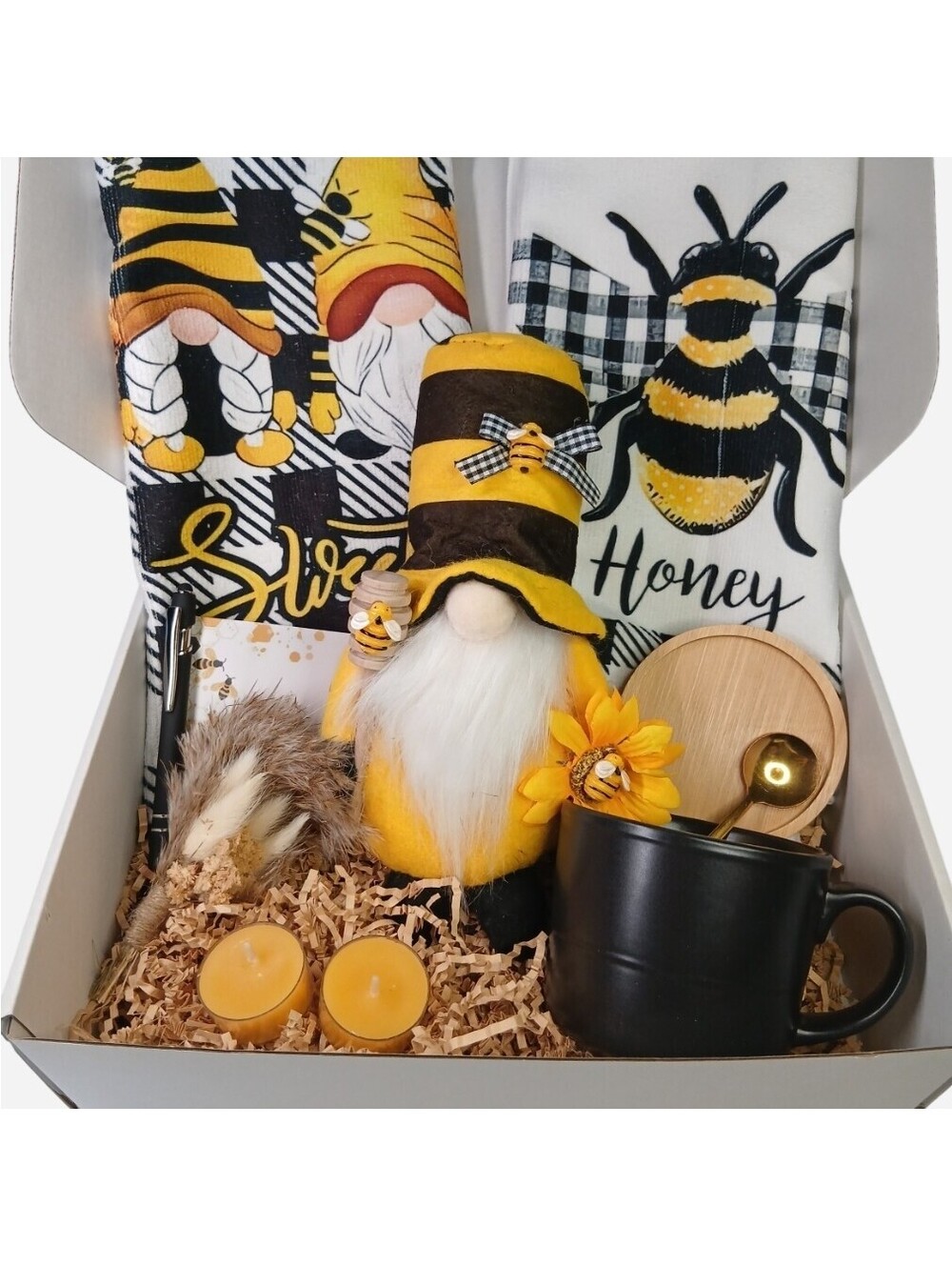 Farmhouse Bee Gnome Gift Box Set Mug Tea Towel Cottagecore Novelty Care Package